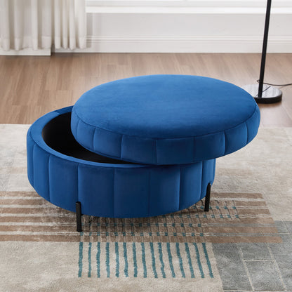 31.5 Inch Round Velvet Storage Ottoman with Reversible Lid, Navy