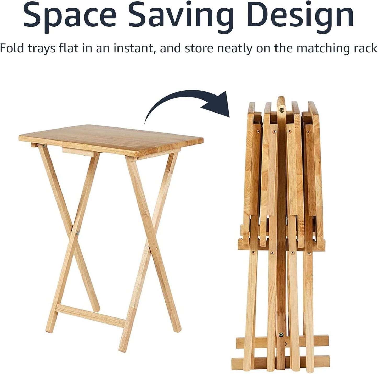 TV Dinner Tray Table Set of 4 With Storage Rack Natural