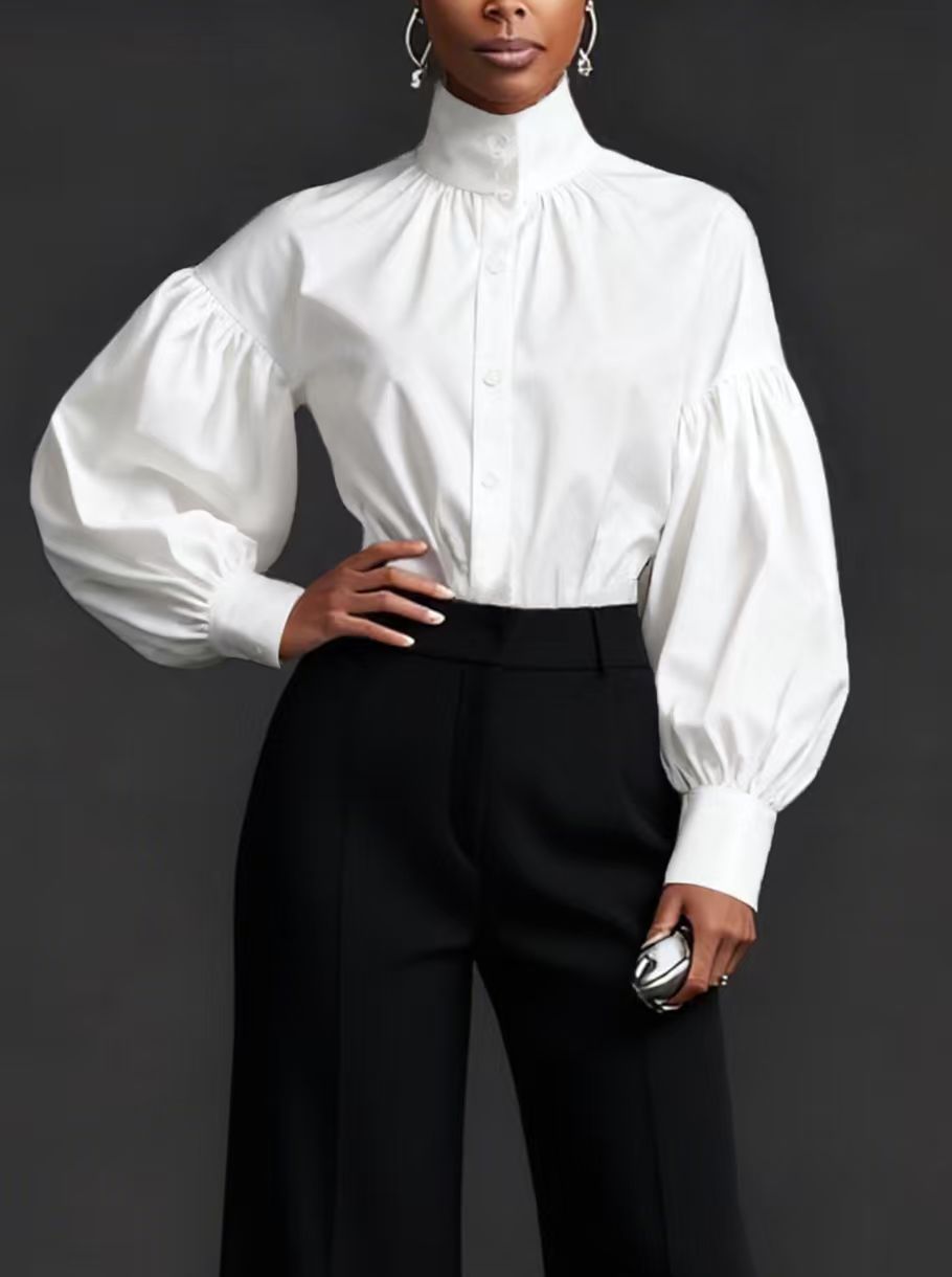 Stylish And Elegant Womens Pleated High-neck Blouse With Puffed Sleeves