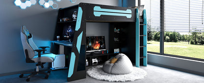 Twin Size Wood Loft Bed with Desk, Multi-storage Shelves and RGB Light, Cloud