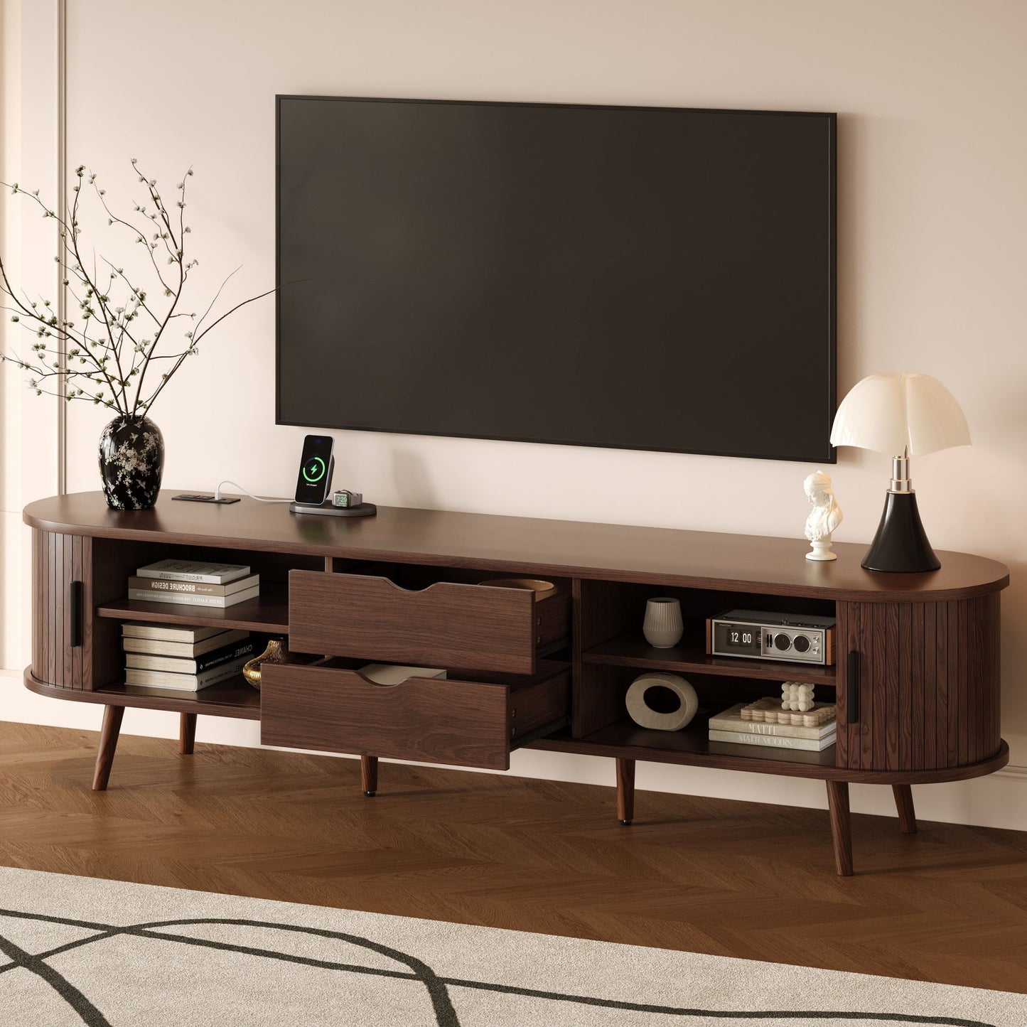 TV Stand Mid-Century Dark Brown MDF Tambour Door 2 AC 2 USB Fits 80 In TV