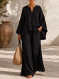 Full Size Notched Long Sleeve Top and Wide-Leg Pants Set Plus Size