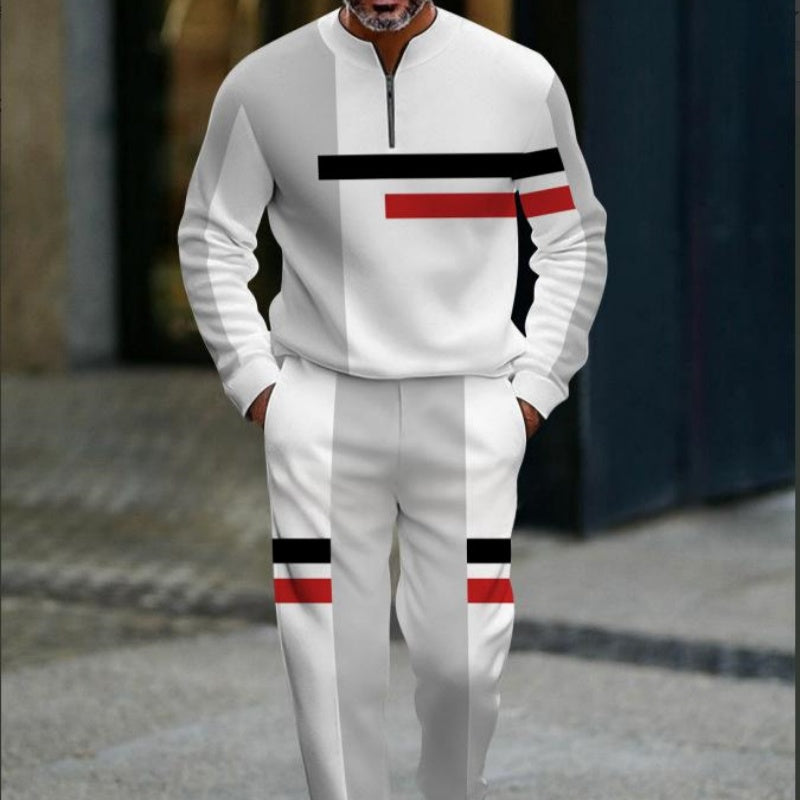 Mens Casual Fashion Long-Sleeve Top And Pants Set With A Half-Open Placket And Zipper