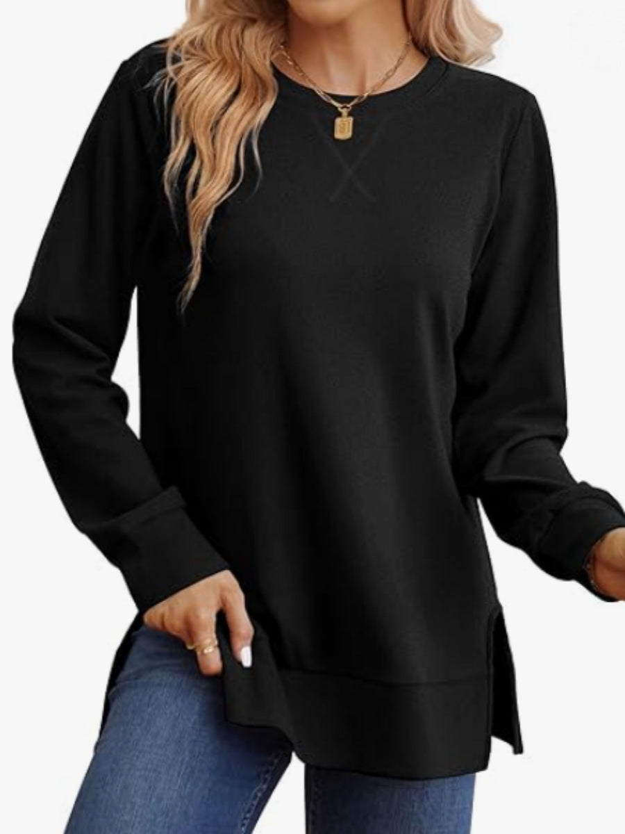 Womens Crew-Neck Long-Sleeve T-Shirt With Side Slits Casual Top