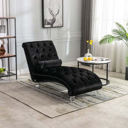 Velvet Chaise Lounge, Button-Tufted with Pillow, Black, 63.38x28.94x34.05 in