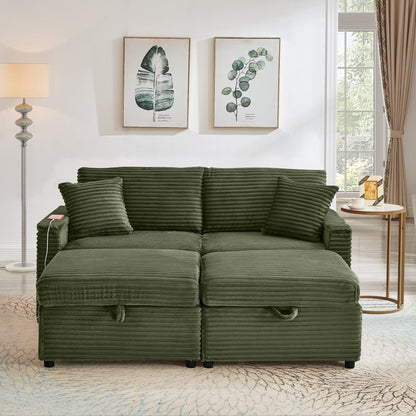 Sectional Sofa L-Shape Corduroy Green Storage Chaise 2 Ottomans USB 69 In