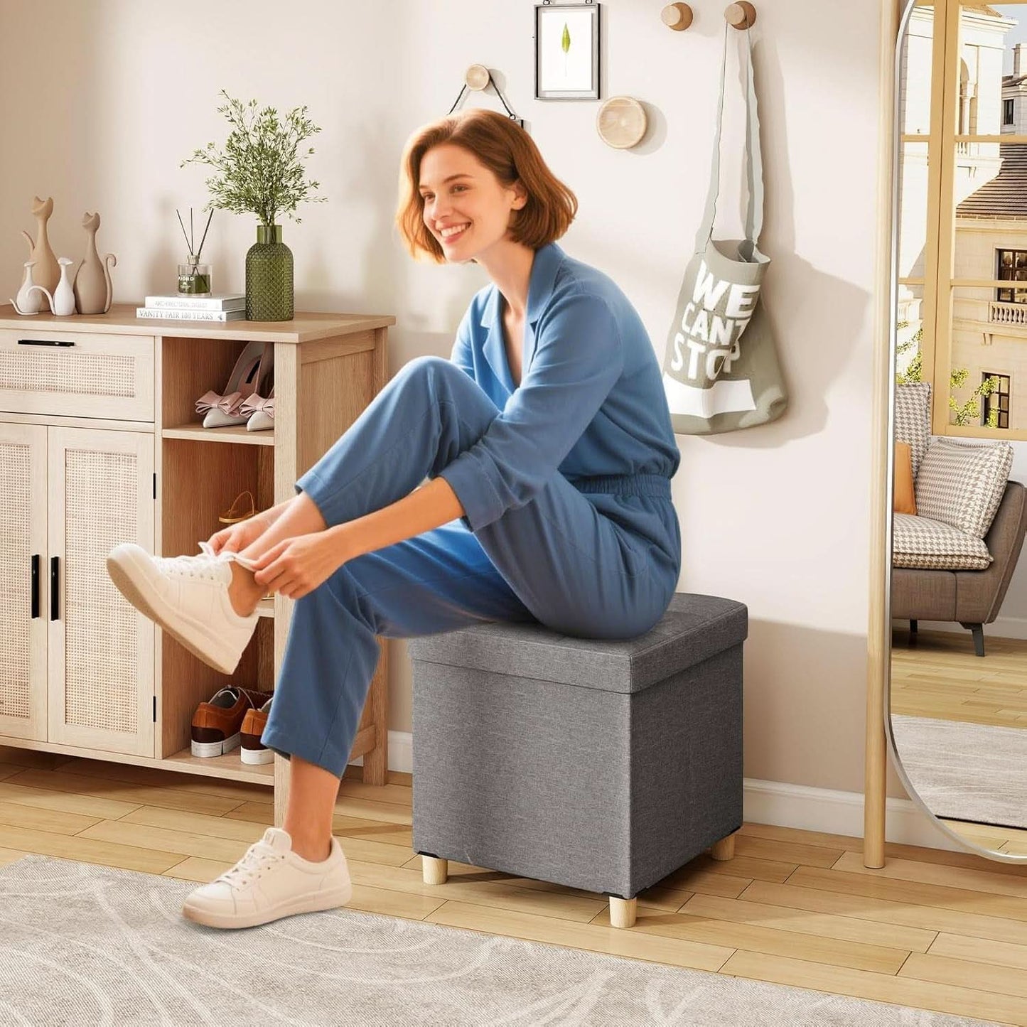 Linen Fabric Storage Ottoman Cube With Tray Lid Elevated Legs 18 Inch