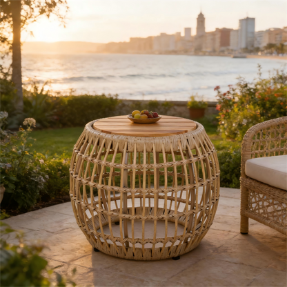 Outdoor Side Table Acacia Wood Wicker Base Round Light Brown 16in 150 LB