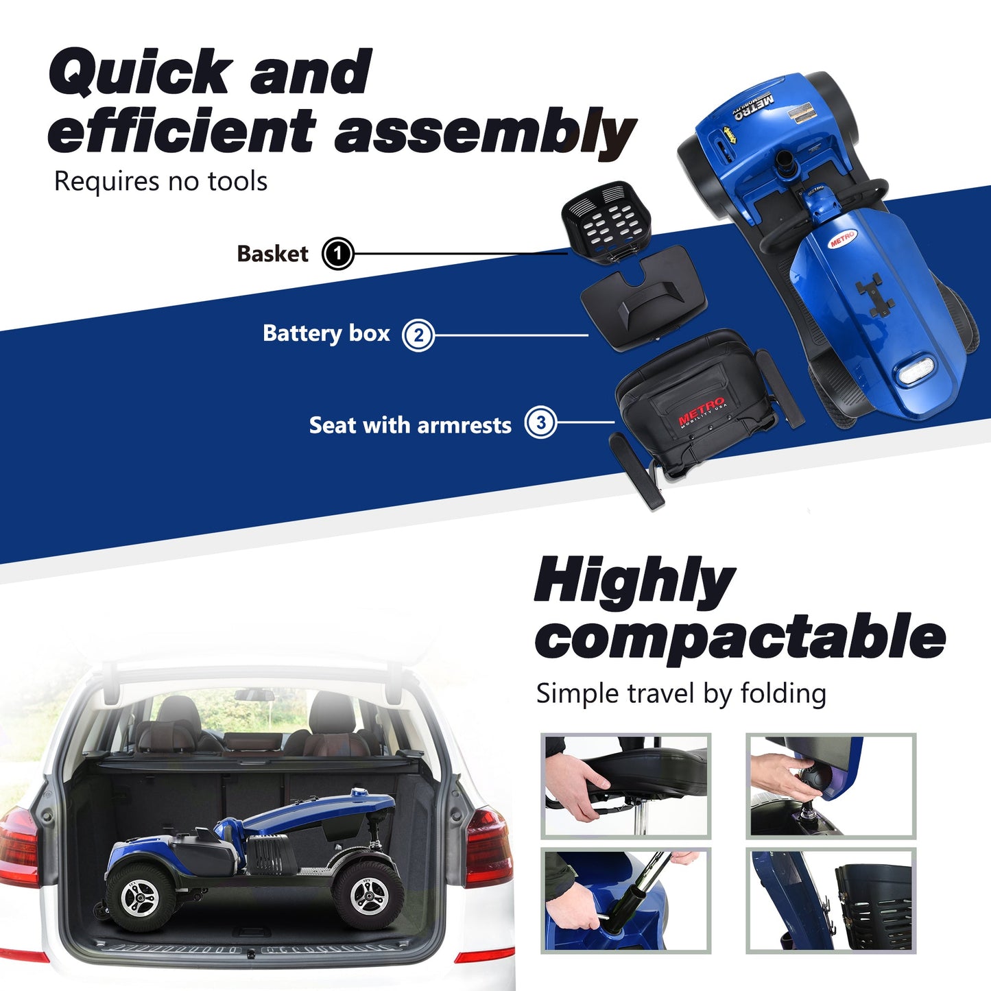 Mobility Scooter 4-Wheel Metal Blue 16 Mile USB 360 Swivel Seat Anti-Tip