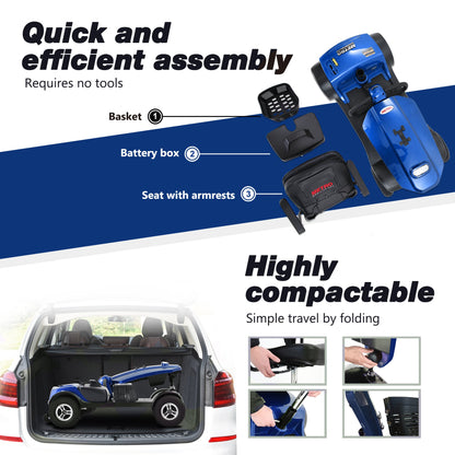 Mobility Scooter 4-Wheel Metal Blue 16 Mile USB 360 Swivel Seat Anti-Tip