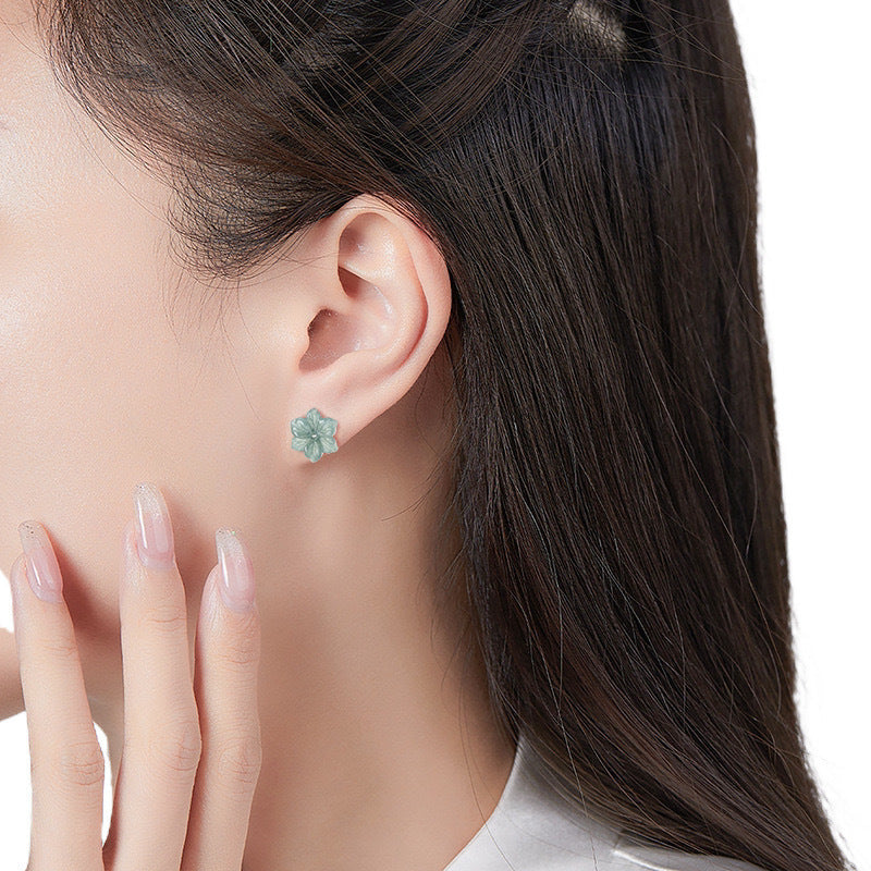 New Elegant Natural Jadeite Blue Water Orchid Earrings