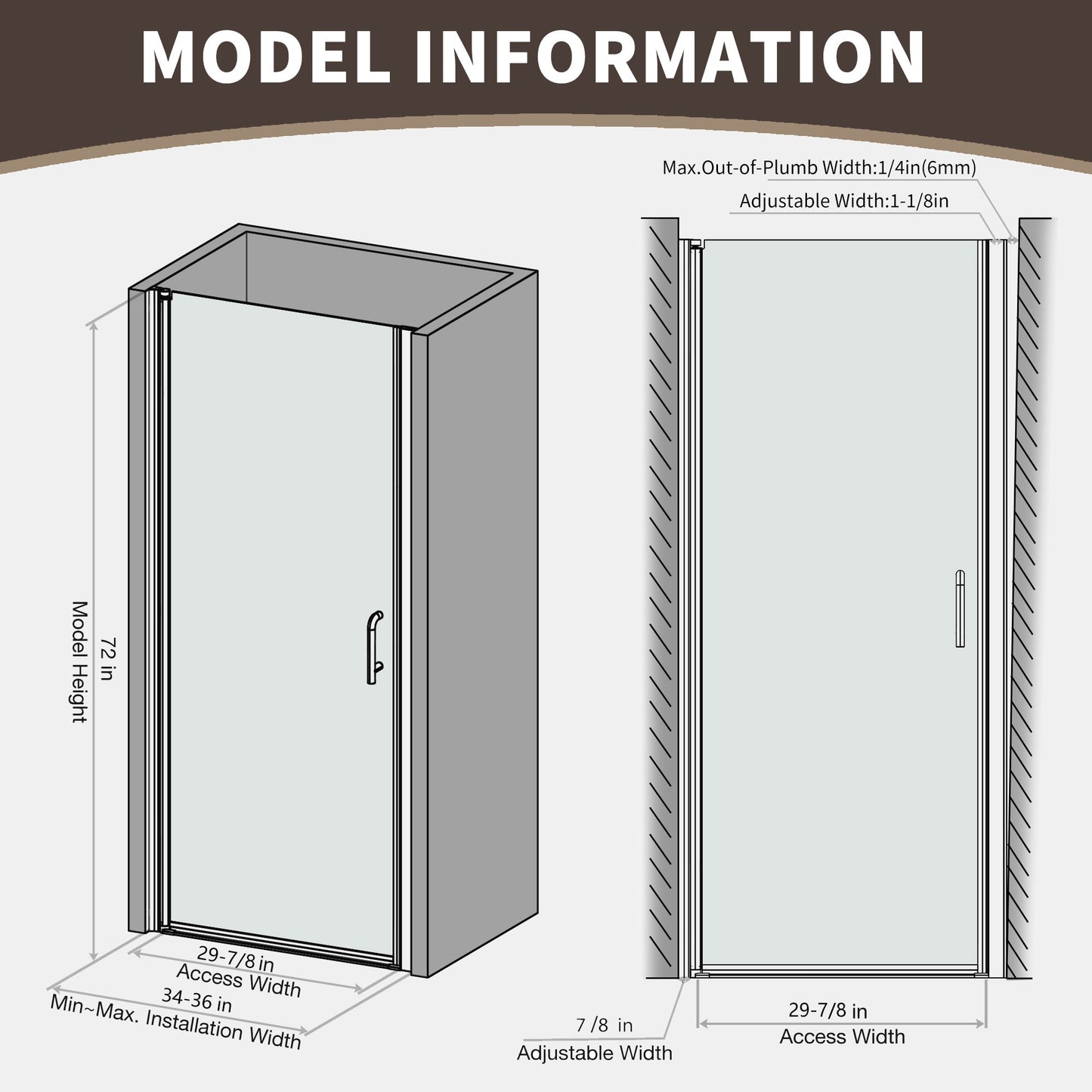 34-36 in. W x 72 in. H Pivot Frameless Shower Door, Matte Black, 1/4in Glass