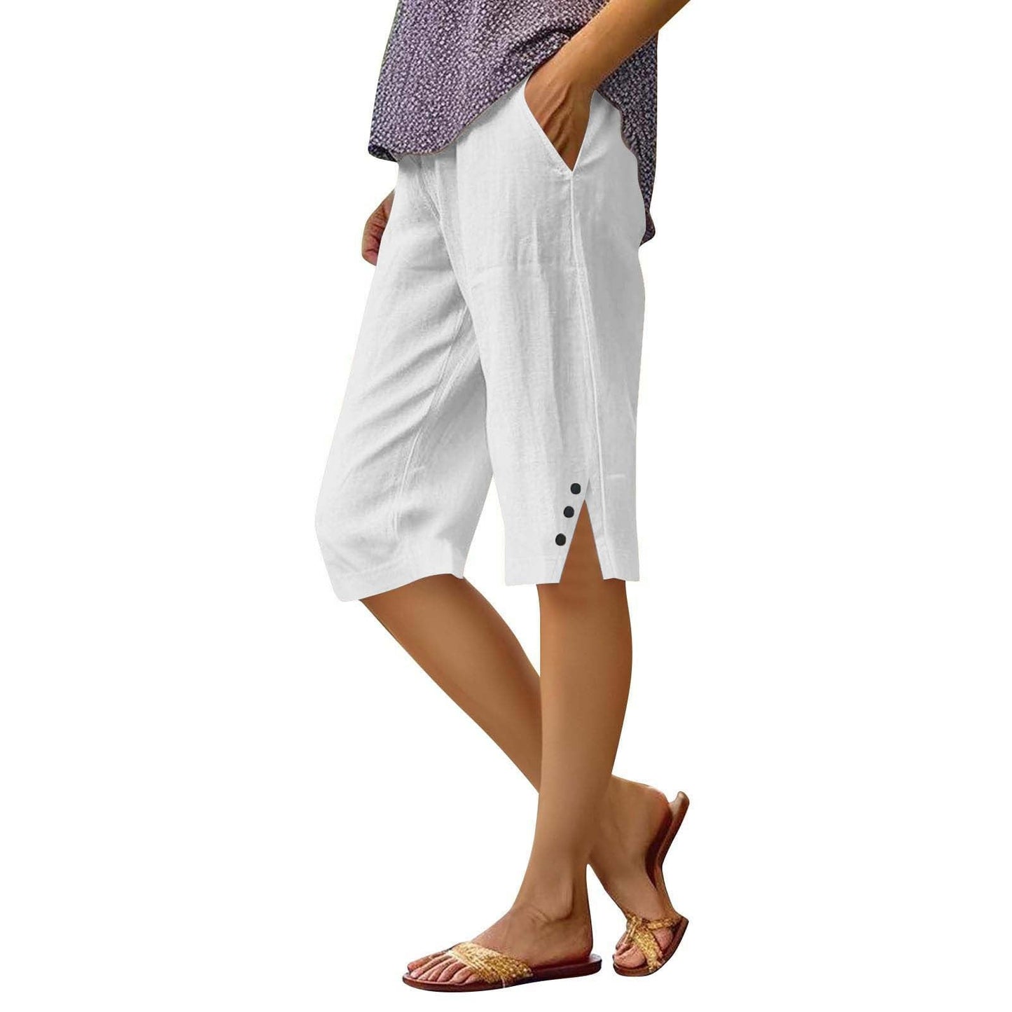 Casual Loose-fit Cotton-linen Drawstring Shorts With Pockets