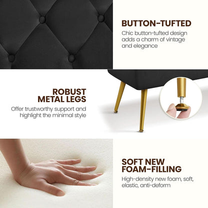Black Velvet Upholstered Ottoman Bench Golden Legs