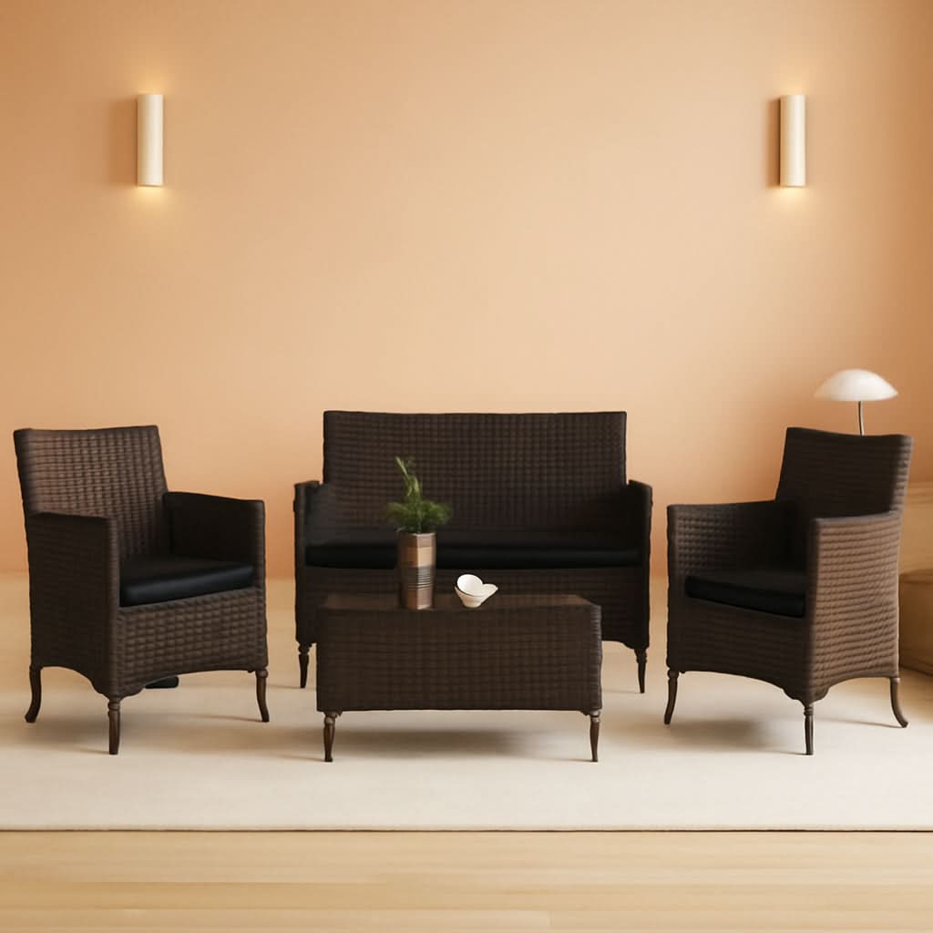 4 Piece Rattan Patio Set With Tempered Glass Table