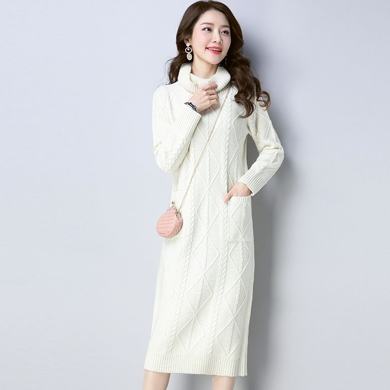 Womens High-neck Long Fleece-lined Extra-thick Loose-fitting Sweater