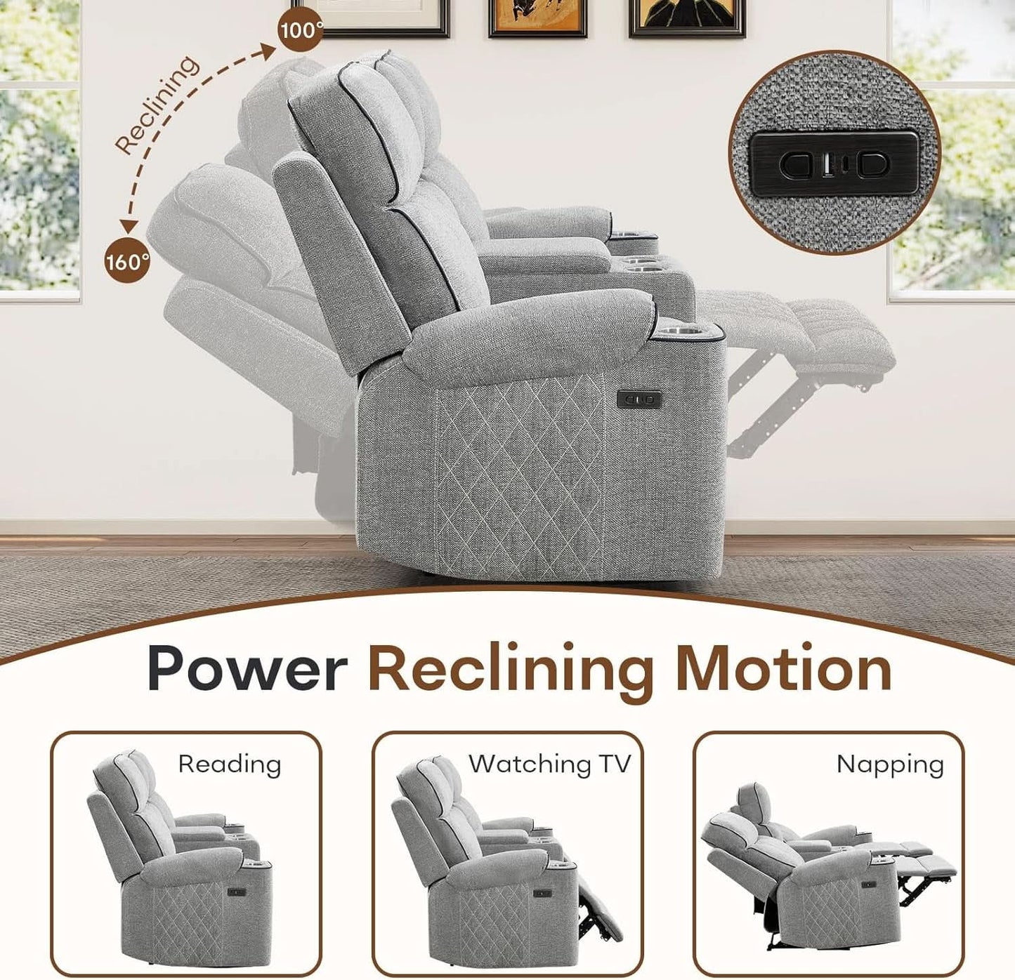 Electric Recliner Sofa USB Type C Ports Light Grey