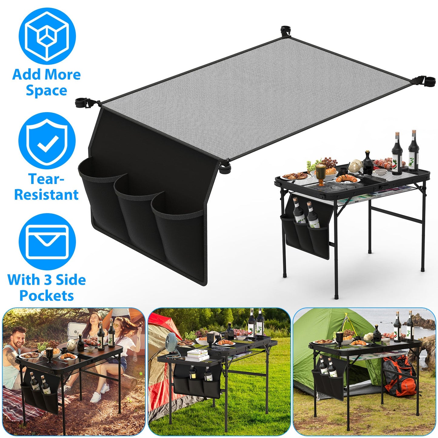 Hanging Storage Net for 35.43x23.62 Camping Table Under Table Folding Net Bag Tear-Resistant with 3 Side Pockets 4 Corner Clips for Camping Hiking Fis