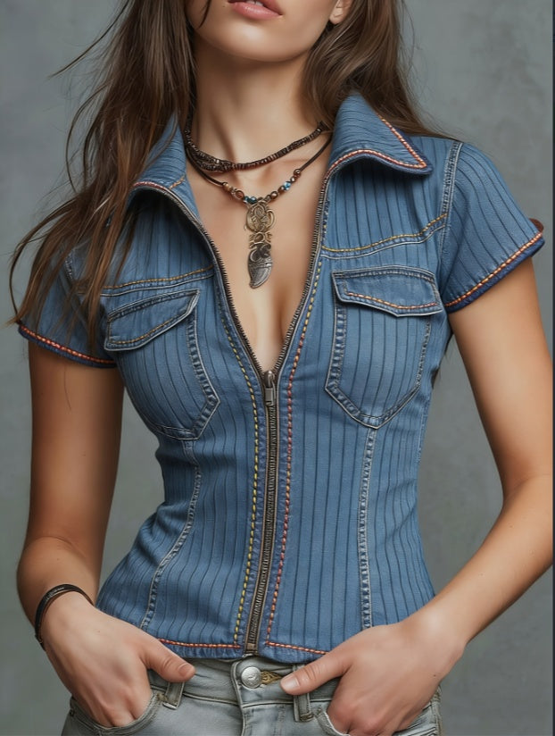 Short-sleeved Shirt With Lapel, Zipper, Waist-cinching, Short Length And Multi-style Design Sense