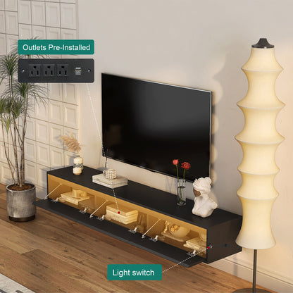 TV Stand Wall-Mounted Floating LED Black MDF 3 AC 2 USB Fits 65 In TV
