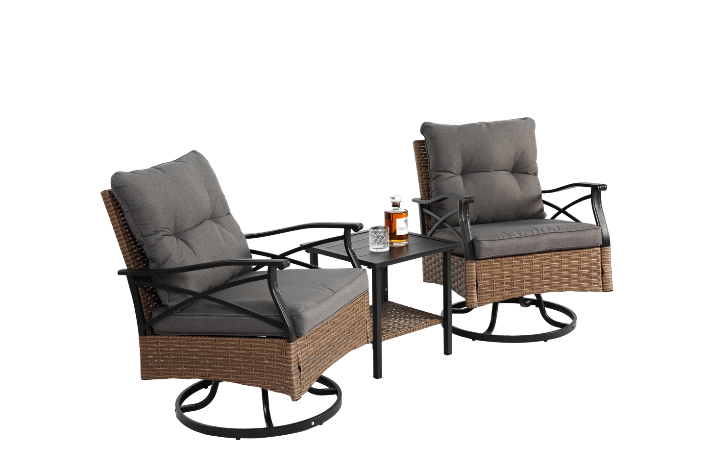 Outdoor Patio Set PE Rattan Steel Brown Swivel Rocker 3 Piece 350 LB