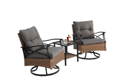 Outdoor Patio Set PE Rattan Steel Brown Swivel Rocker 3 Piece 350 LB