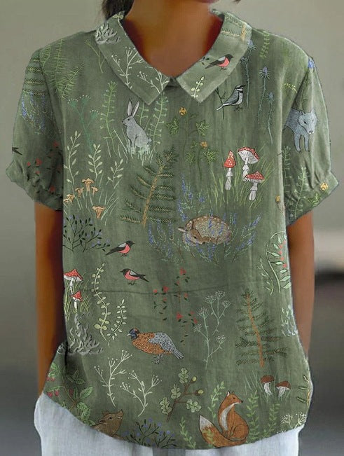 Stylish Digital-print Lapel Short-sleeve Shirt