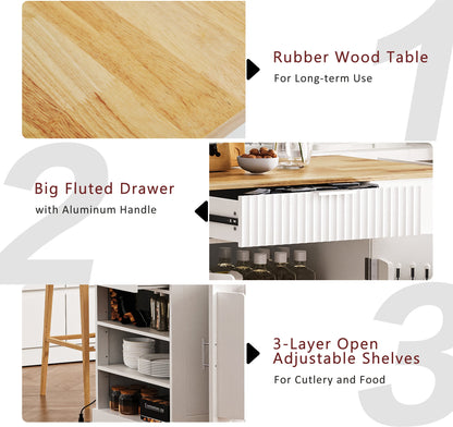 K&K Fluted Kitchen Island with Trash Can Storage Cabinet, Power Outlet, Internal Storage Rack, Rolling Kitchen Islands on 5 Wheels with 3 Drawer, 3 Open Side Racks for 10 Gallon Garbage Bin, White