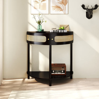 Half-Moon Console Table with Rattan Sliding Doors | Boho Semicircle Entryway Table with 2 Storage Cabinets & Bottom Shelf