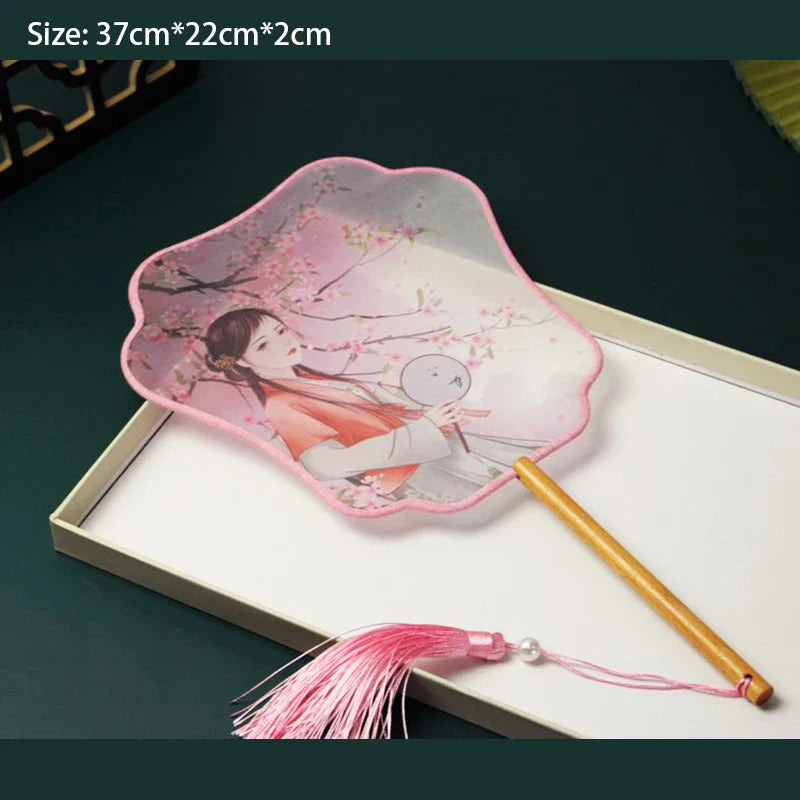 Chinese Silk Round Hand Fan with Floral Embroidery