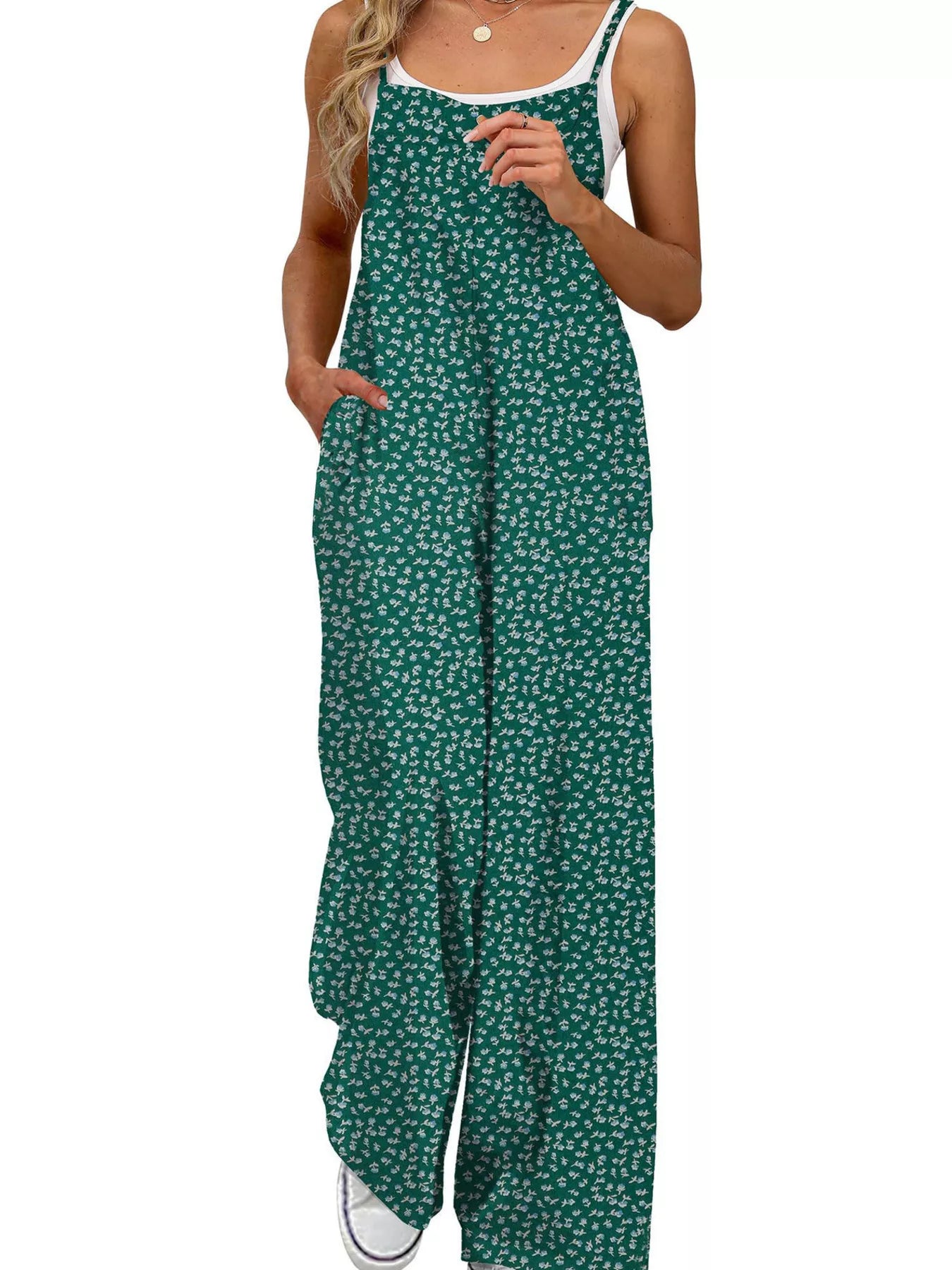 Full Size Floral Print Wide Leg Spaghetti Strap Overalls Plus Size