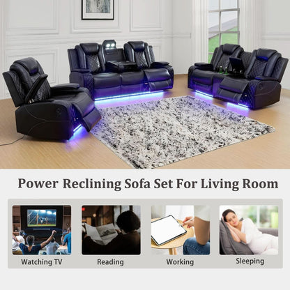 Power Reclining Leather Sofa Set With USB Ports Black