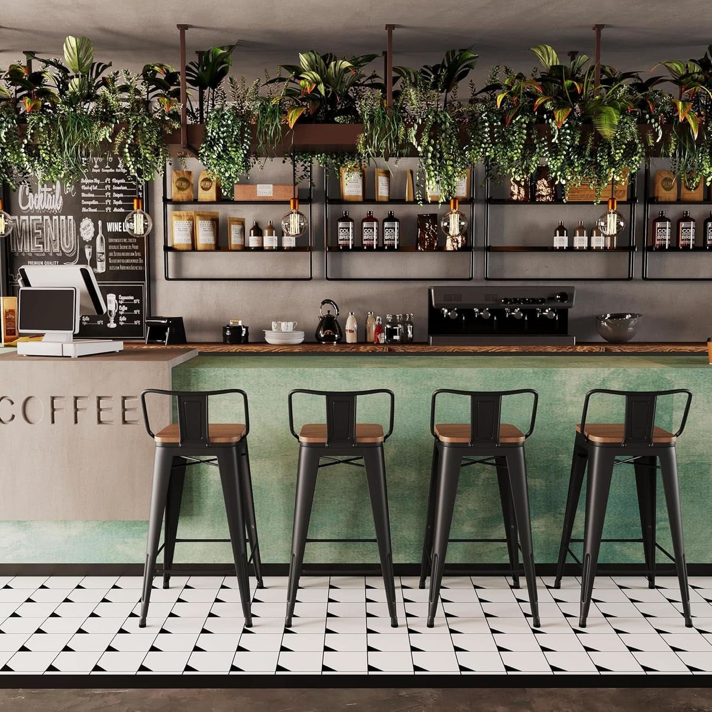 30 Inch Low Back Metal Barstools With Wooden Seat
