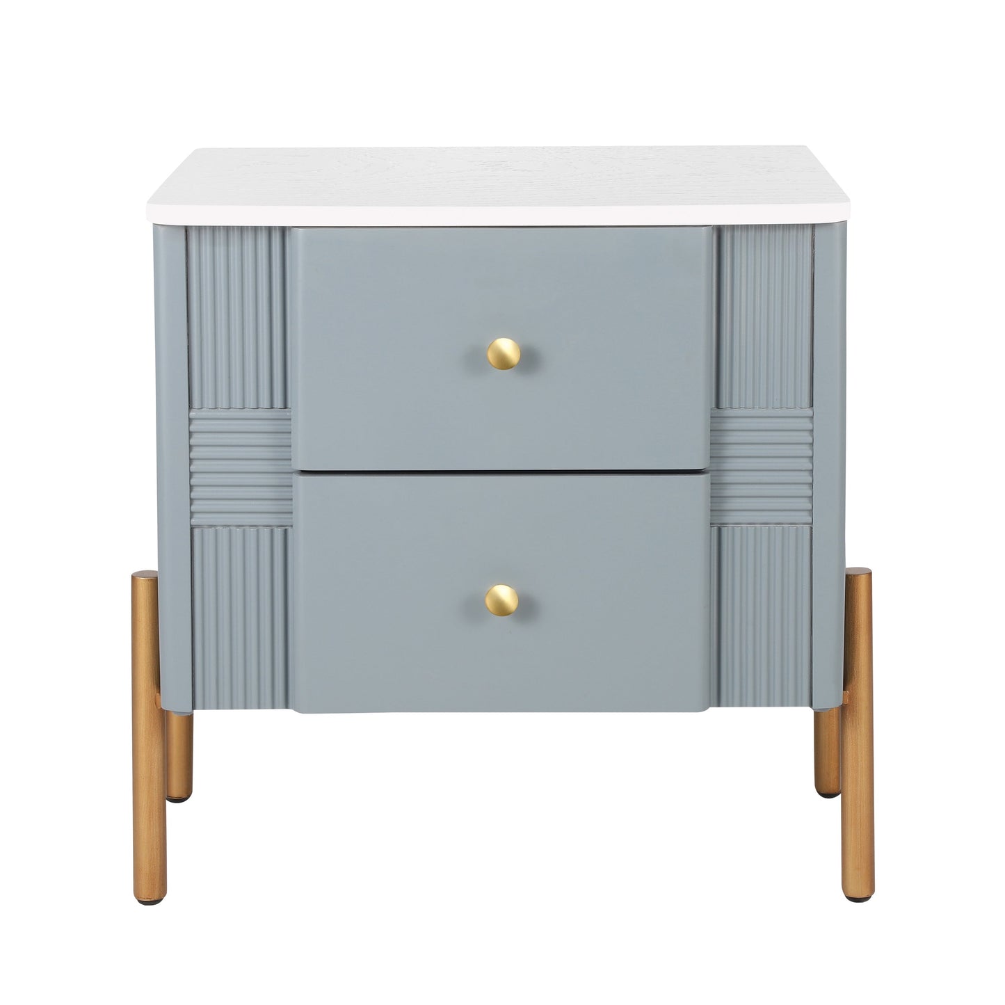Modern Fluted Nightstand with 2 Drawers, Gold Metal Legs and Handles, Blue