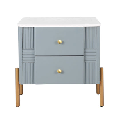 Modern Fluted Nightstand with 2 Drawers, Gold Metal Legs and Handles, Blue