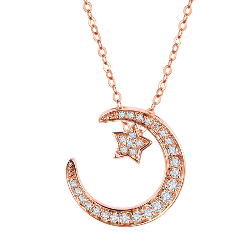 S925 Sterling Silver Star & Moon Necklace, D-VVS1 Moissanite Pave Pendant, Platinum Plated 38&41cm Chain, 1.6g Jewelry Gift Box With GRA Certificate