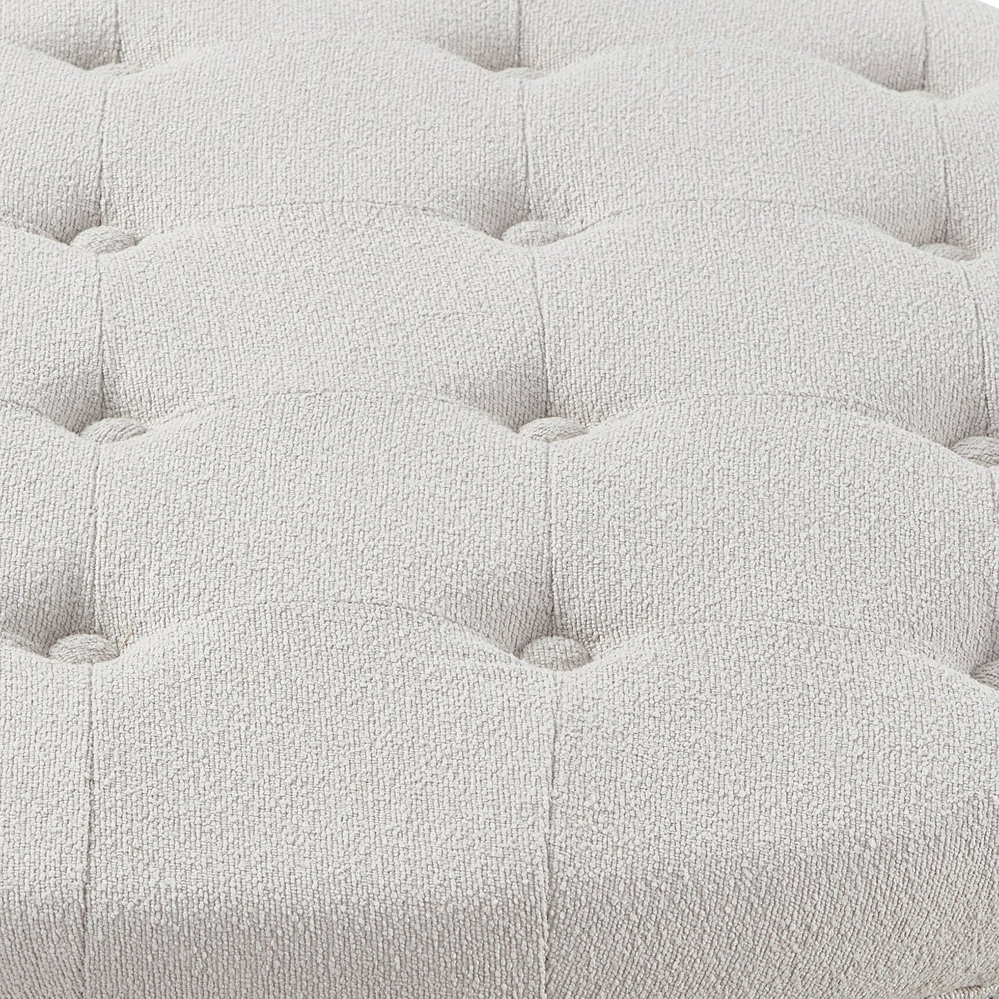 Round Storage Ottoman with Reversible Lid, Boucle Fabric Upholstered, Beige