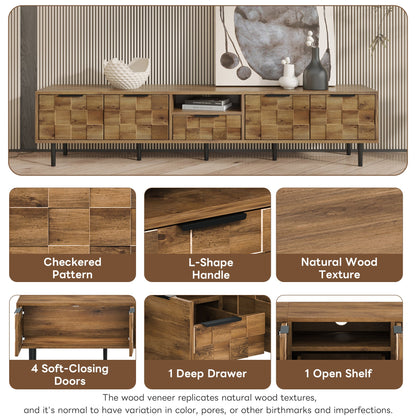 TV Stand Natural Wood Checkered MDF Soft-Close Doors Fits 85 In TV 78.7 In