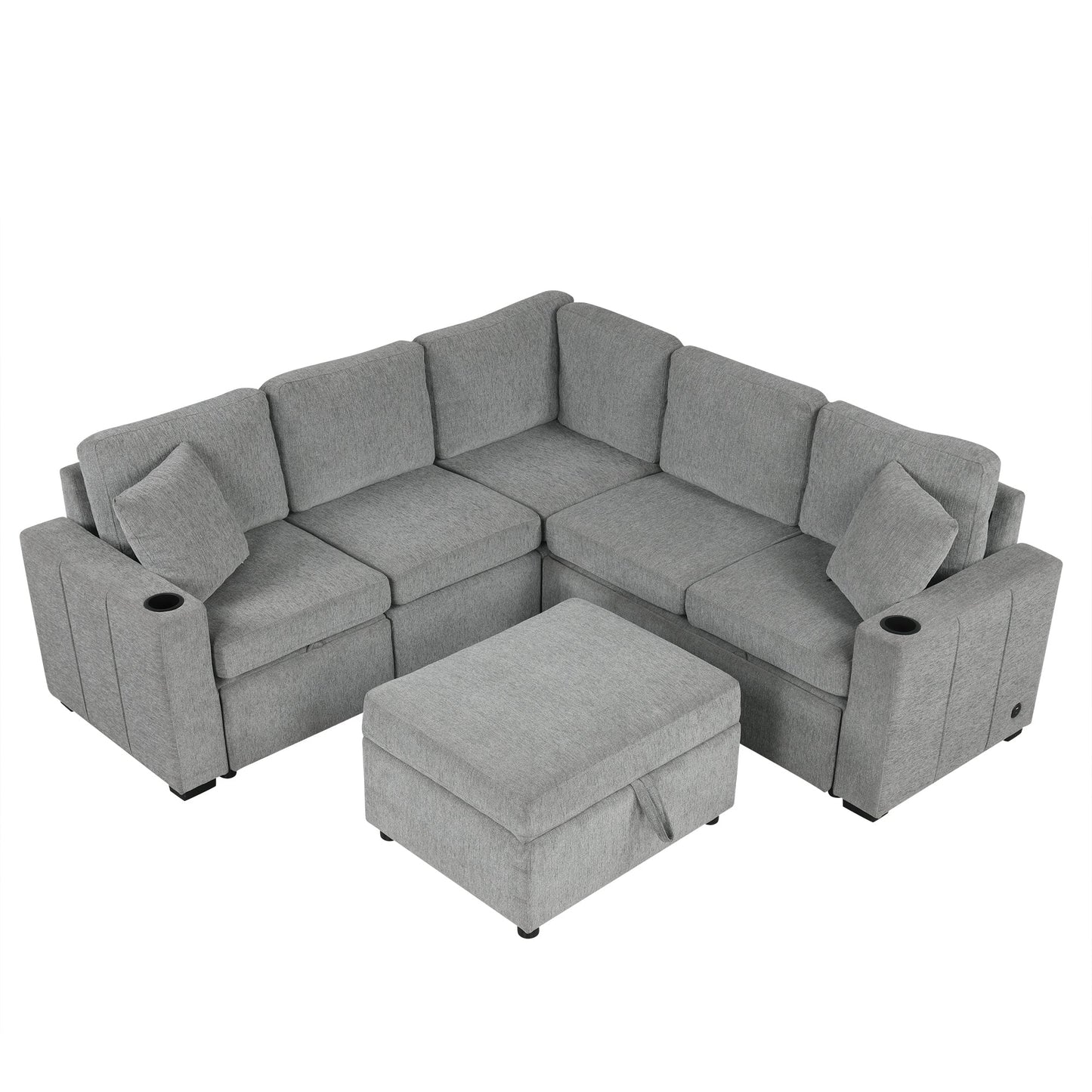 84" Sectional Sofa Convertible Pull-Out USB Gray