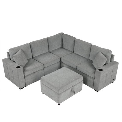84" Sectional Sofa Convertible Pull-Out USB Gray