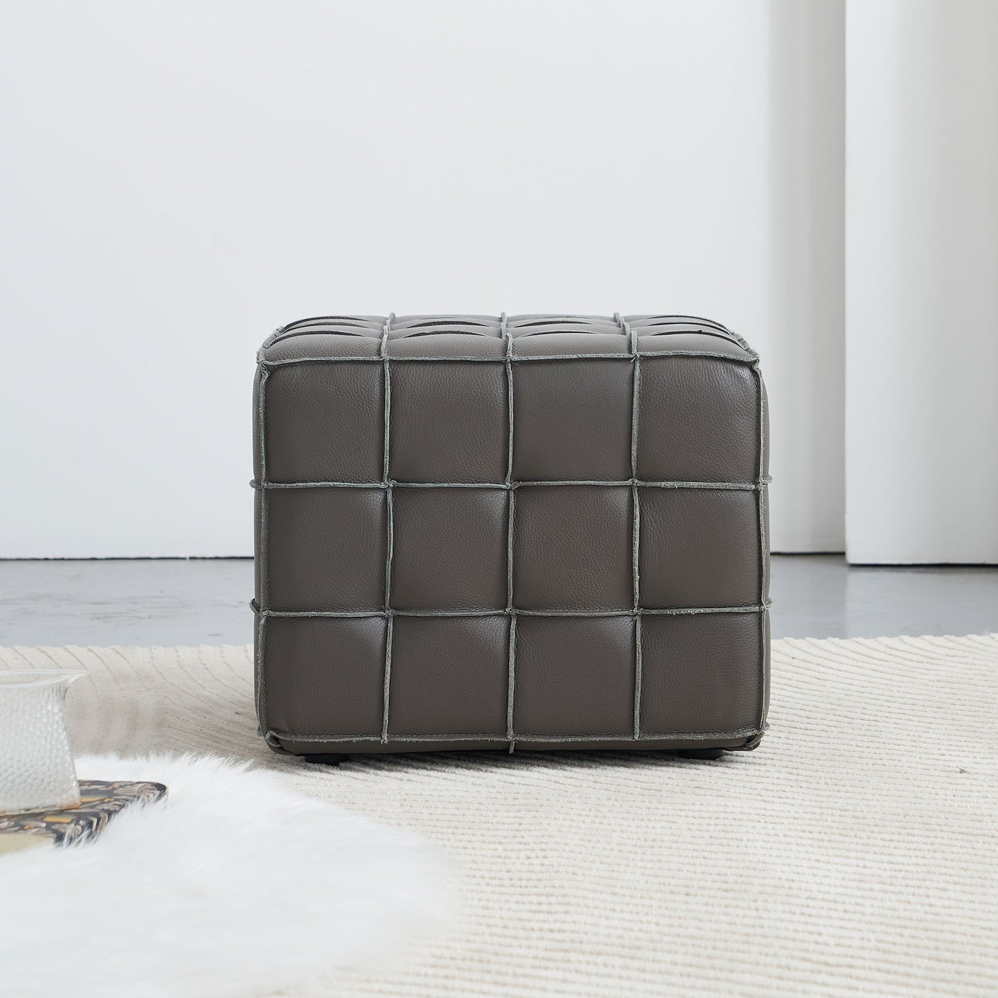 17.32 Inch Quality Leather Tufted Square Ottoman Footstool, Grey