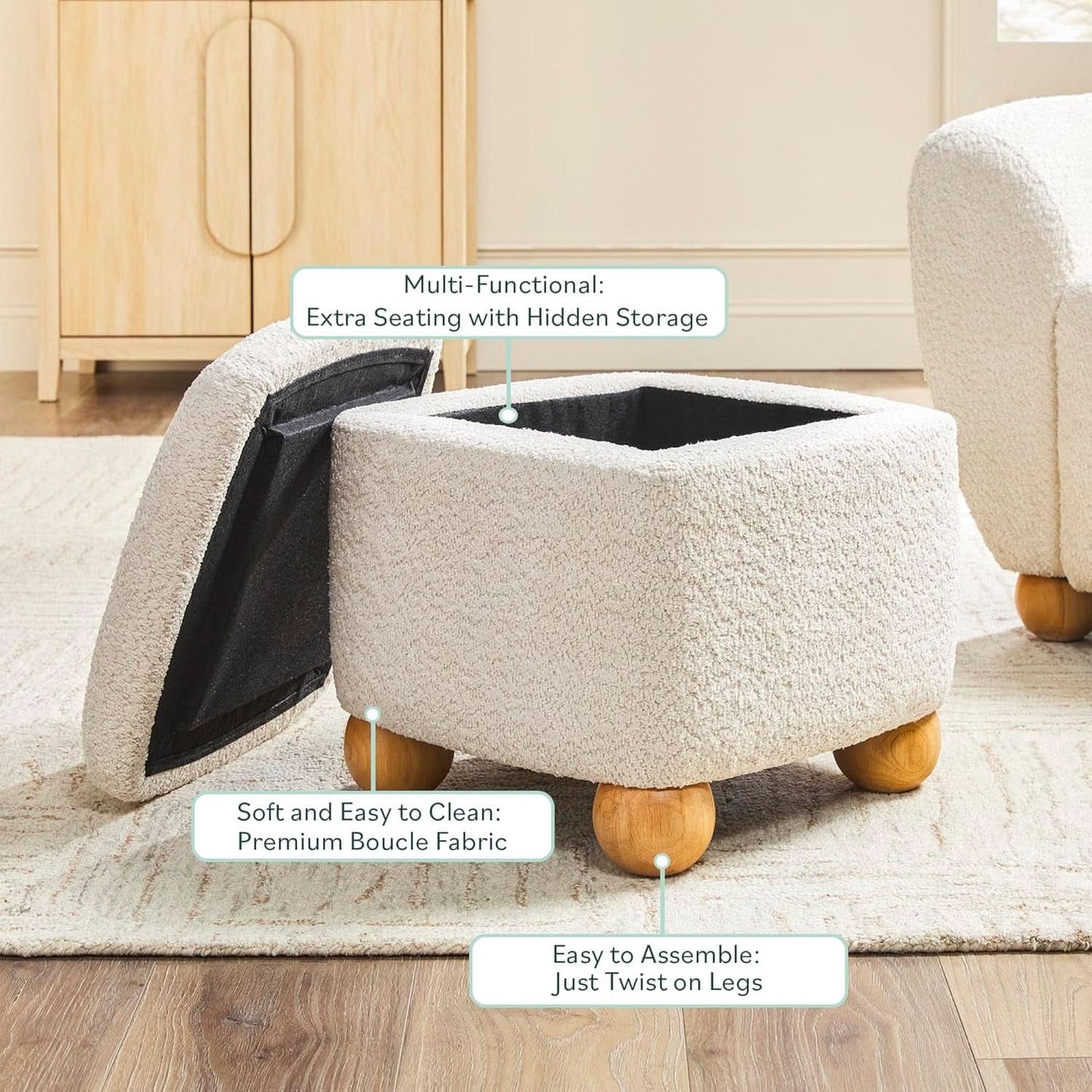 Ivory Luxurious Storage Bouclé Ottoman Wooden Legs