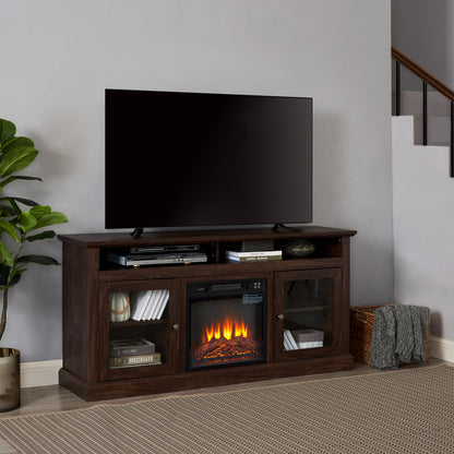 TV Stand Fireplace American Traditional Brown MDF 1400W Fits 65 In TV 60 In