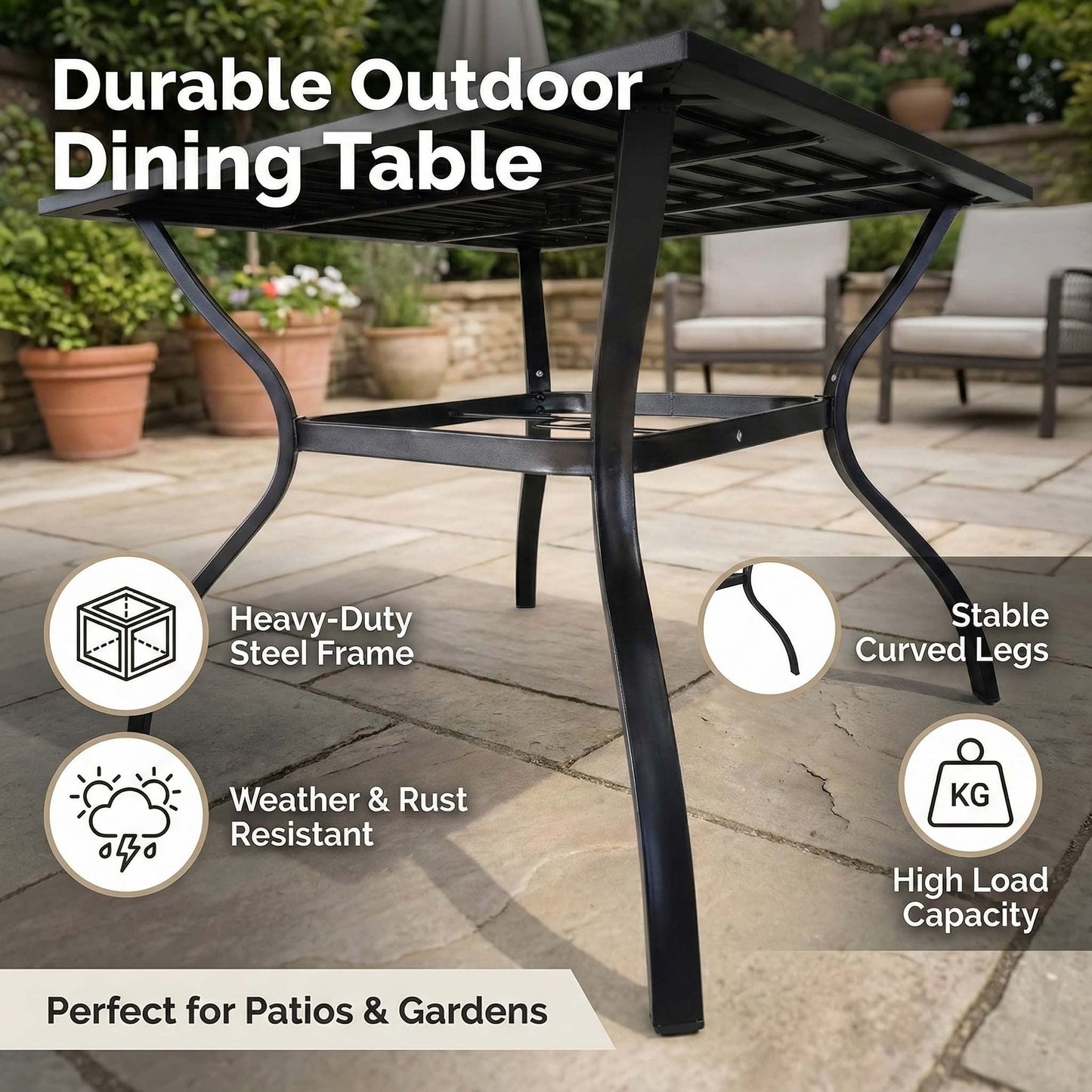 5 Piece Outdoor Dining Set Black Metal Square Table 4 Folding Chairs