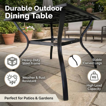 5 Piece Outdoor Dining Set Black Metal Square Table 4 Folding Chairs