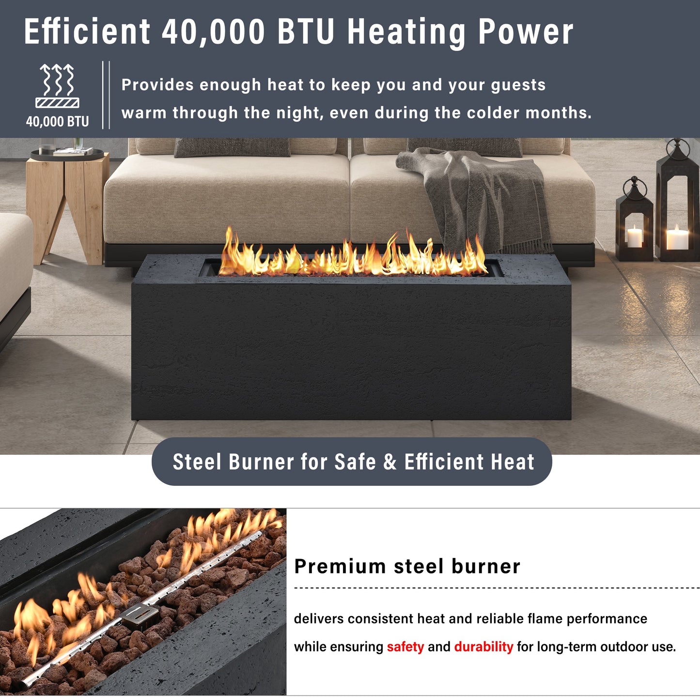 Rectangular Propane Fire Pit 40000 BTU 41.9" Black Gray MGO