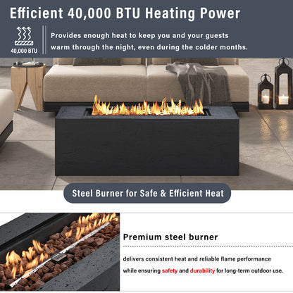 Rectangular Propane Fire Pit 40000 BTU 41.9" Black Gray MGO