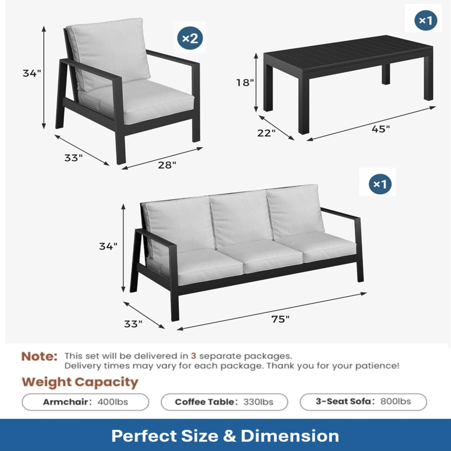 Outdoor Patio Set Aluminum Black Light Gray 4 Piece Seats 5