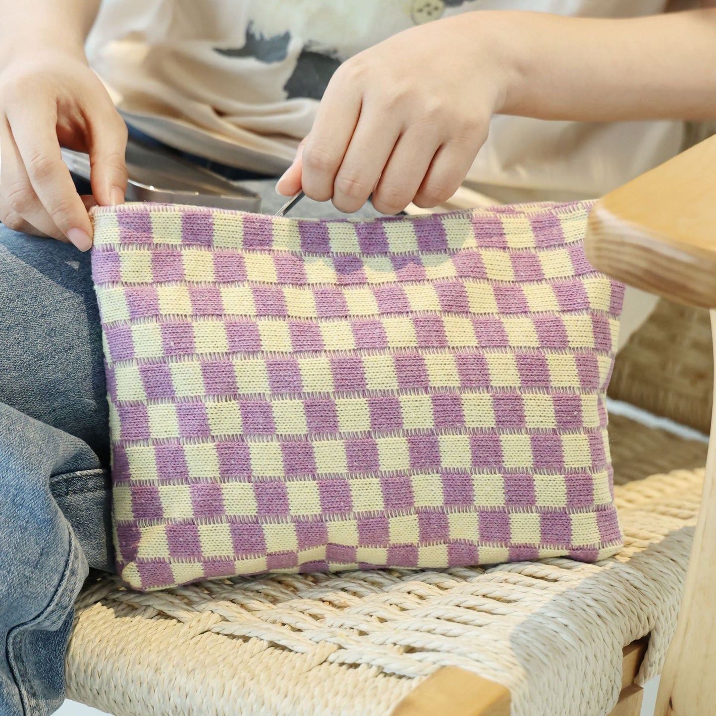 Large-capacity Yarn Checkerboard Makeup Bag
