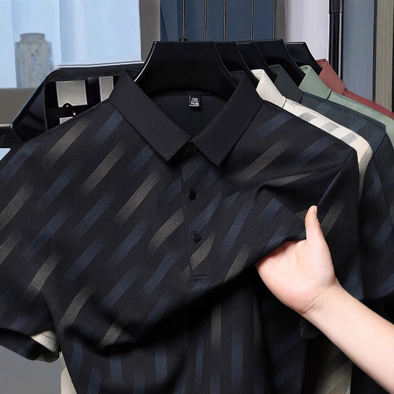 Mens Mid-age Lapel Short-sleeve T-shirt Top